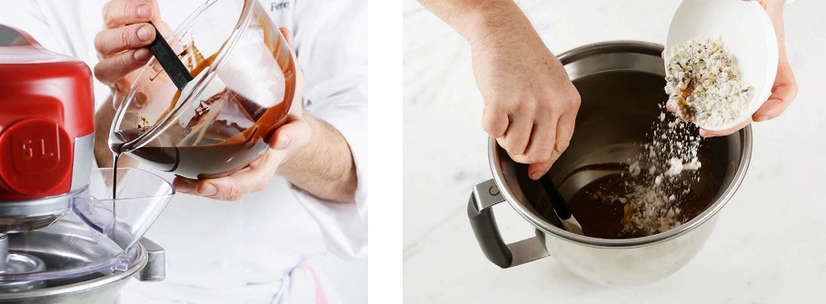Pouring melted chocolate-butter mixture over whipped eggs to create a smooth, fudgy brownie batter