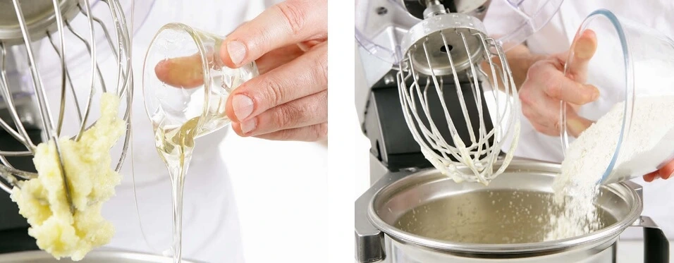 Mixing almond paste, citrus zest, honey, and Earl Grey infusion in a stand mixer to create a creamy cake batter.