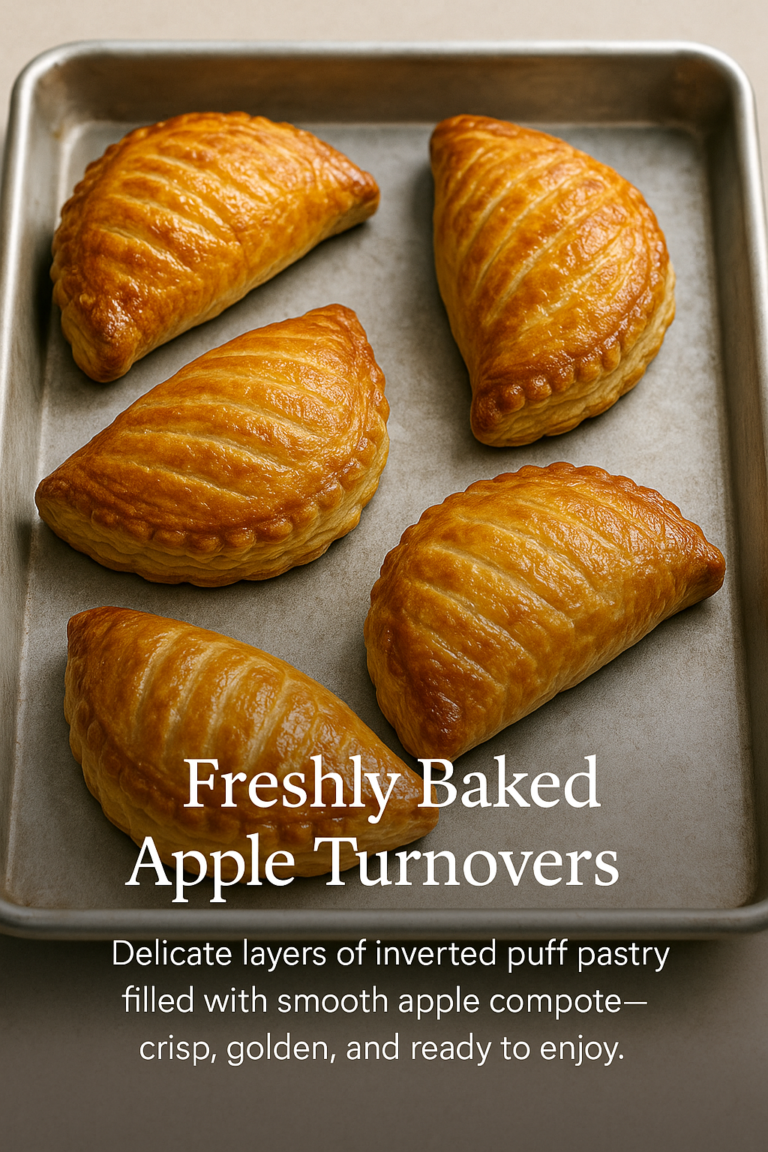 Golden apple turnovers with flaky puff pastry and glossy syrup finish, displayed on a baking tray.