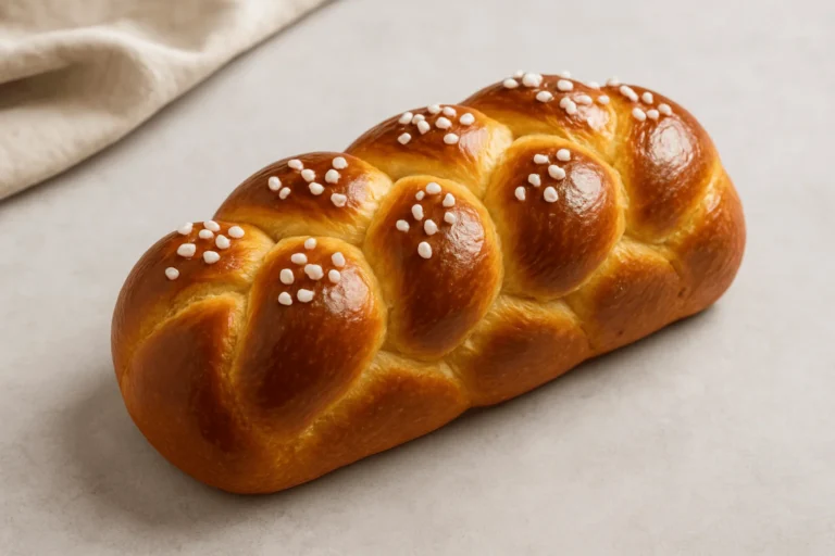 "A three-strand braided brioche loaf with a golden-brown crust and sugar crystals, placed on a light gray background with a linen cloth in the corner