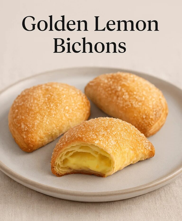 A close-up of three golden lemon bichons on a rustic baking tray, sugar-crusted and slightly glossy, with a creamy filling peeking out from the folds
