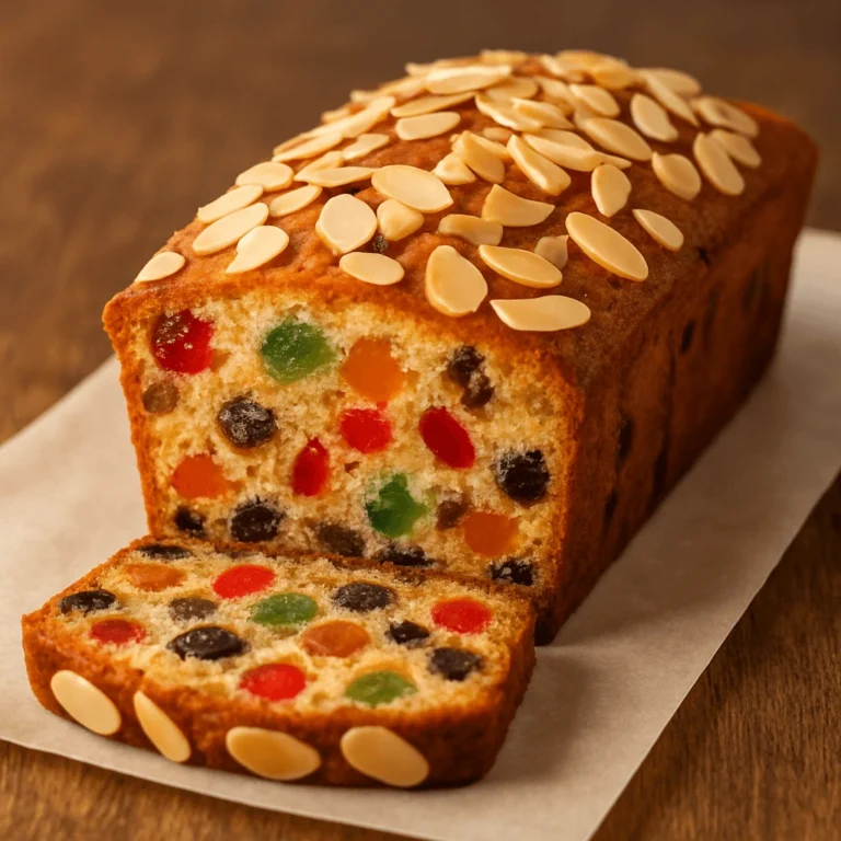 Moist homemade fruitcake with candied fruits and rum glaze, topped with sliced almonds.