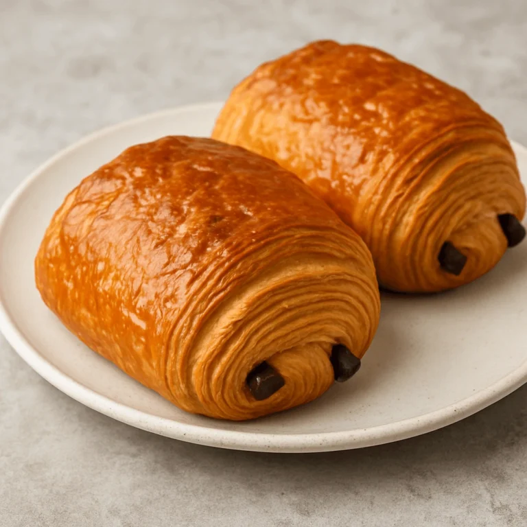 Freshly baked golden pain au chocolat with rich chocolate filling, displayed on a baking tray.