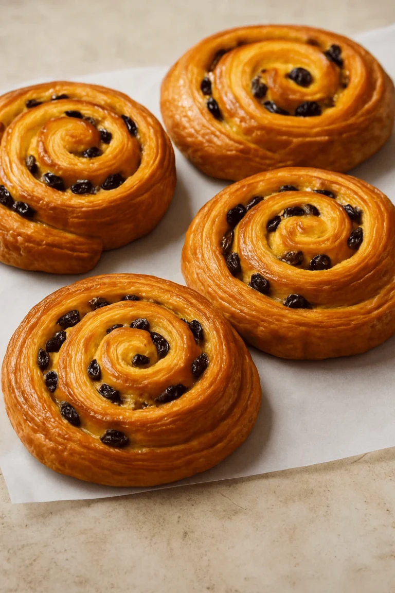 A freshly baked batch of golden, flaky raisin buns with a glossy finish, sitting on a wire rack ready to be enjoyed.