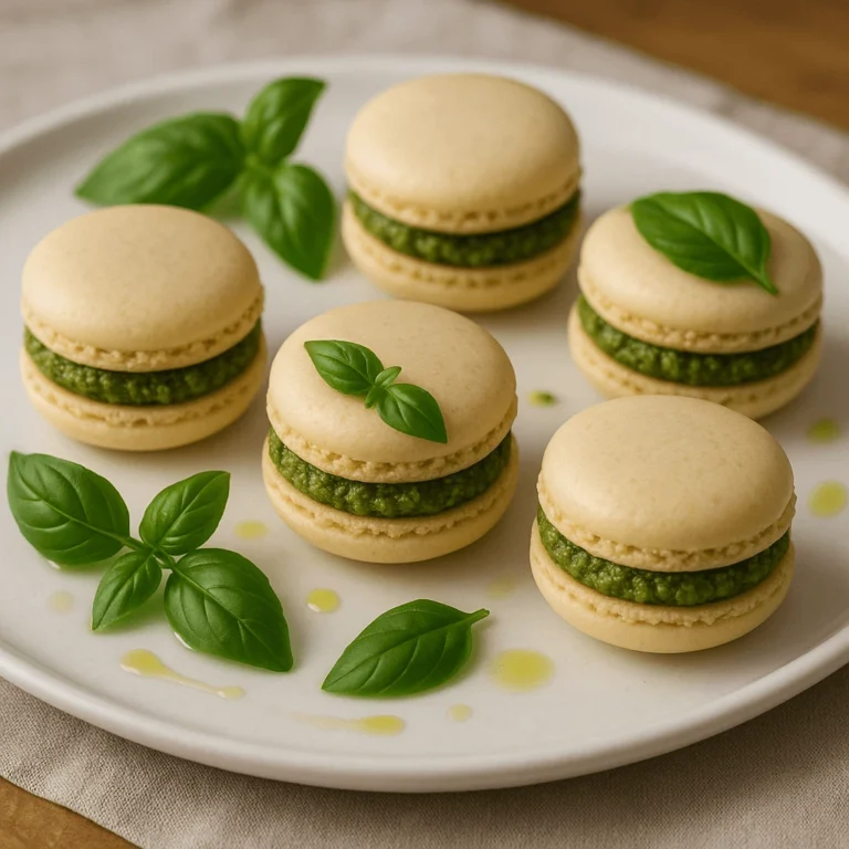 Savory pesto macaron with a delicate almond shell and vibrant green pesto filling.