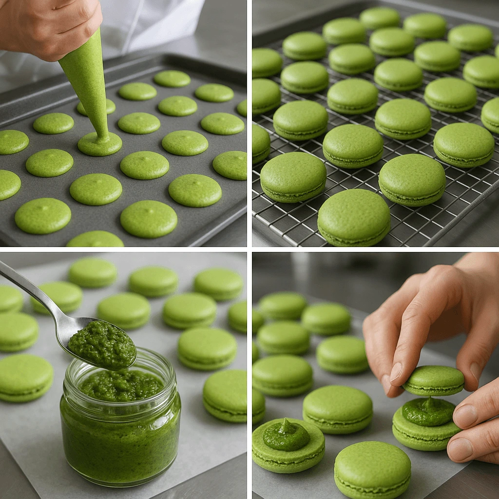 Step-by-step guide to creating savory pesto macarons with almond shells and a creamy pesto filling.