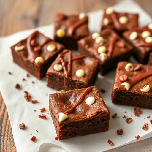 Close-up of rich, fudgy brownies cut into perfect squares, with a glossy, crackly top.