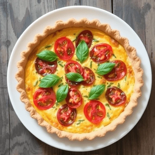 Golden-baked seafood quiche with cherry tomatoes, scallops, and basil leaves on a rustic tart plate.