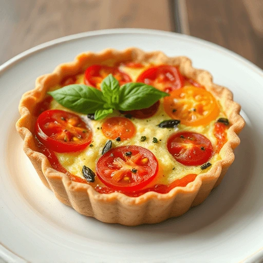 Close-up of a gourmet seafood quiche featuring golden crust, scallops, shrimp, roasted cherry tomatoes, and fresh basil leaves.
