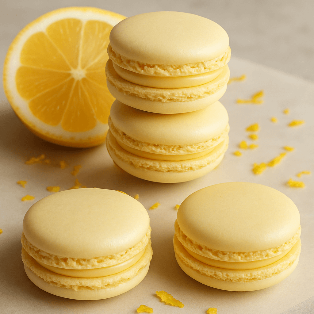 Close-up of lemon macarons with a smooth yellow citrus filling, placed neatly on a textured plate.