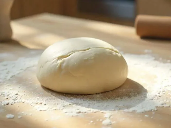 Step-by-step process of preparing inverted puff pastry: a square of beurre manié enveloping détrempe, rolled and folded on a floured surface