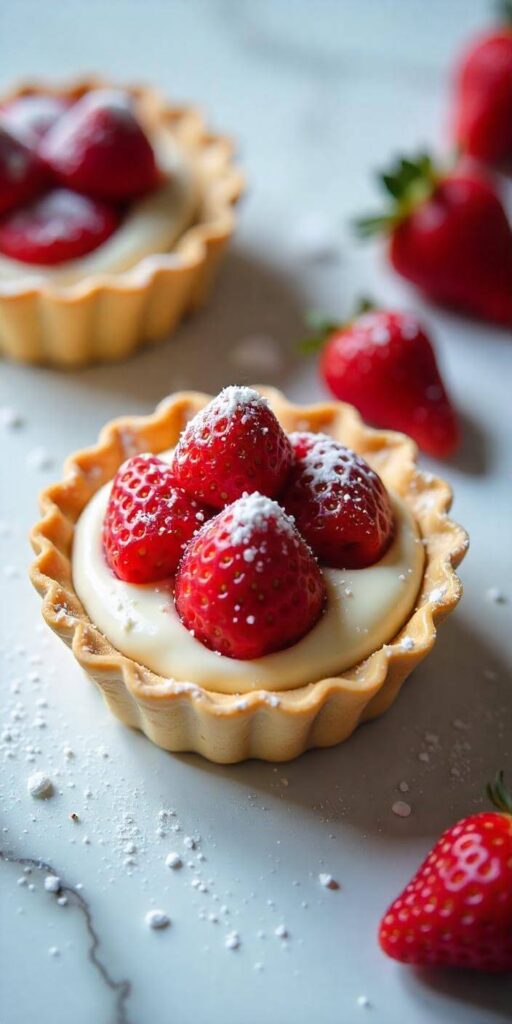 Close-up of a mini strawberry tart with a golden, crisp crust, topped with a fresh strawberry and a shiny glaze.