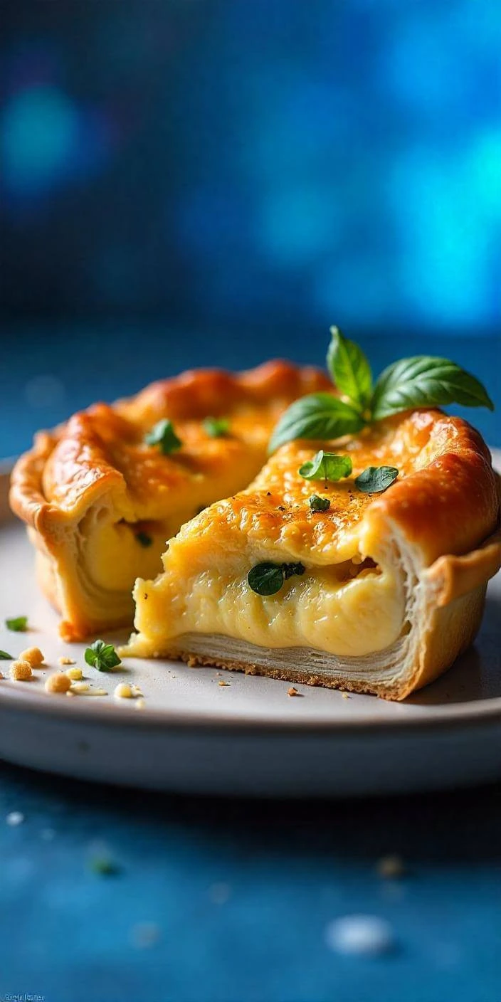 A delicious, golden Bacon & Potato Quiche with a crispy crust, melted cheese, and a touch of truffle, ready to be served.