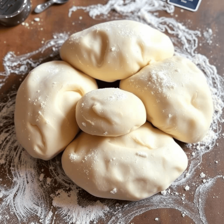 A close-up view of freshly kneaded dough, its smooth and soft texture ready for rolling or shaping into pastry. The dough has a light, fluffy appearance, dusted with a touch of flour, set against a rustic wooden surface