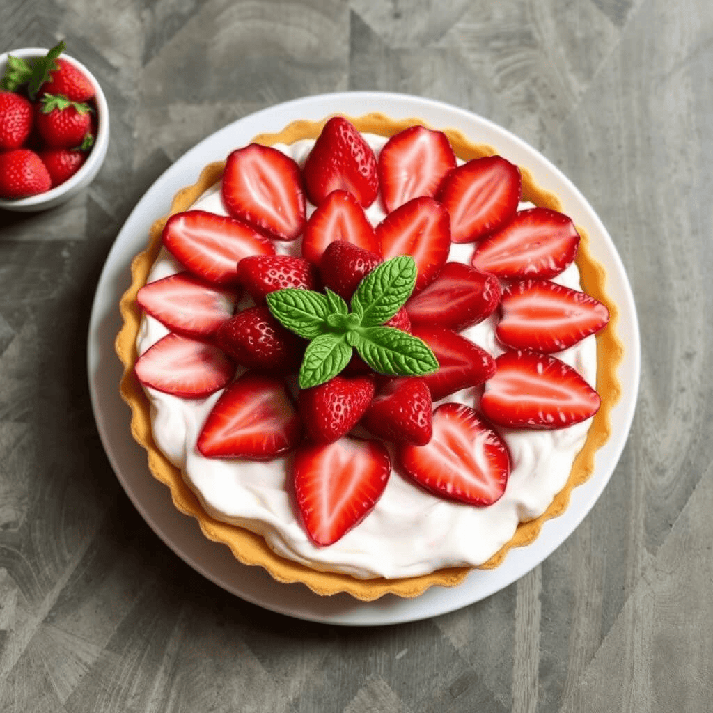 A vibrant strawberry tart with a golden, flaky crust, topped with fresh strawberry halves arranged in a circular pattern and finished with a glossy strawberry glaze.