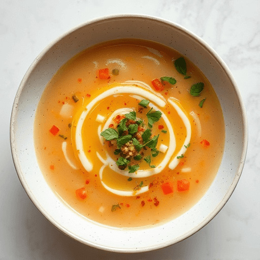 Creamy leek and potato soup served in a white bowl, topped with fine julienned vegetables and fresh chervil.