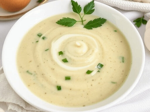 Creamy leek and potato soup served in a white bowl, topped with fine julienned vegetables and fresh chervil.
