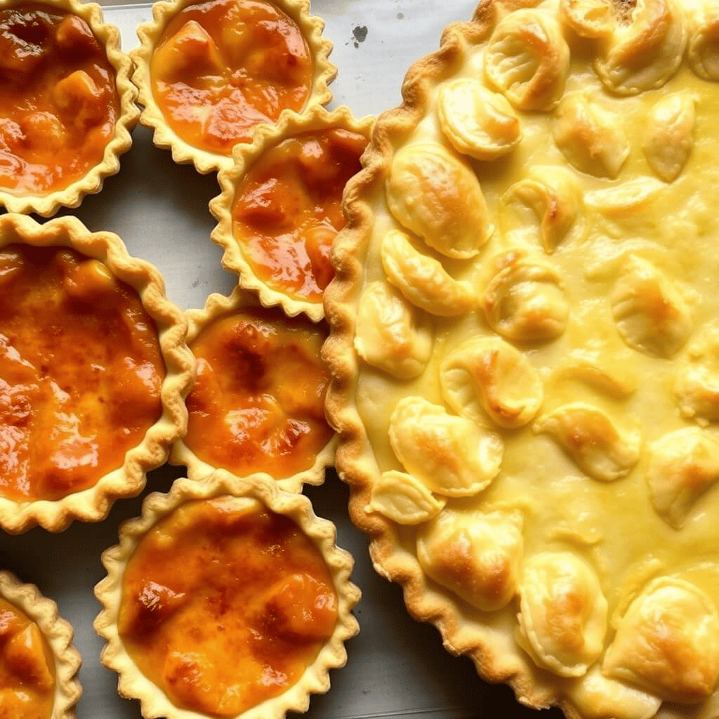 Different tart sizes laid out side by side, ranging from small individual portions to larger family-sized tarts, each with a golden, flaky crust
