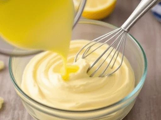 A saucepan of lemon-infused milk being whisked into an egg yolk and sugar mixture to make