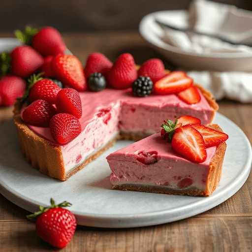 Close-up of a freshly made strawberry tart with a crisp golden crust, almond-pistachio cream filling, topped with vibrant red sliced strawberries, and a glossy strawberry glaze.