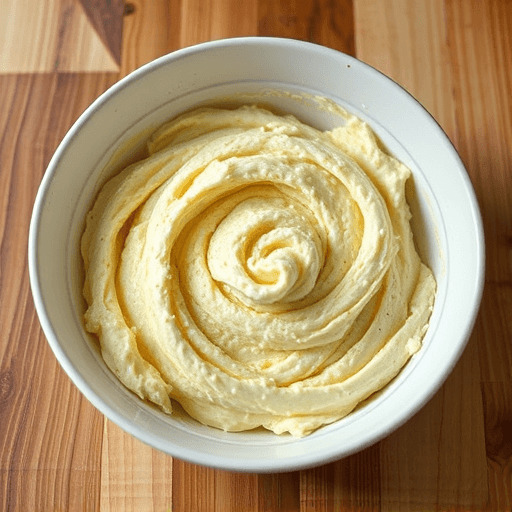 Butter in a mixing bowl, creamed to a soft, smooth pomade texture with a whisk.