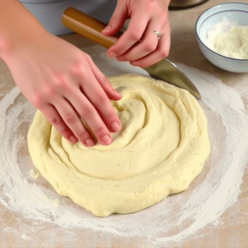 Hands using a bench scraper to press and smear tart dough on a work surface during the frasage step.