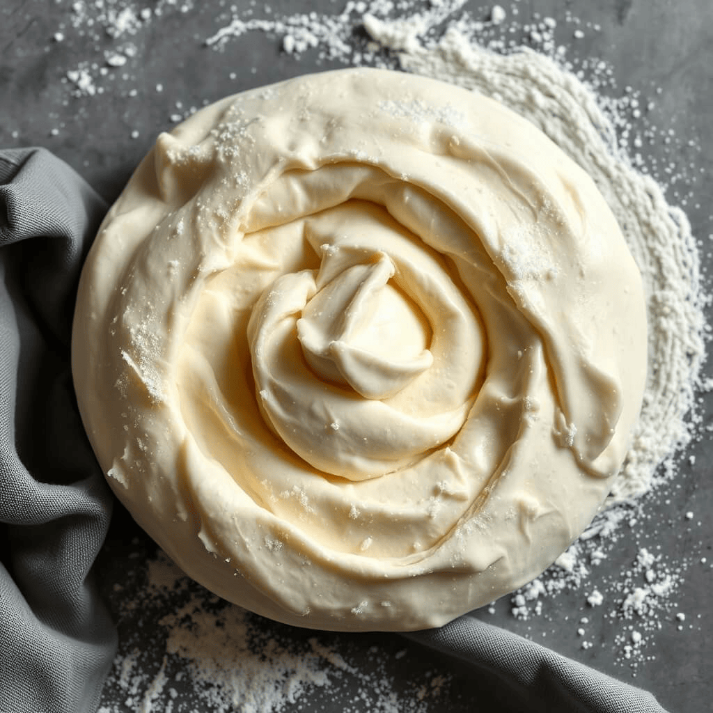 Close-up of hands kneading dough on a floured surface, with soft, smooth dough forming under the pressure, ready to be shaped into pastries.