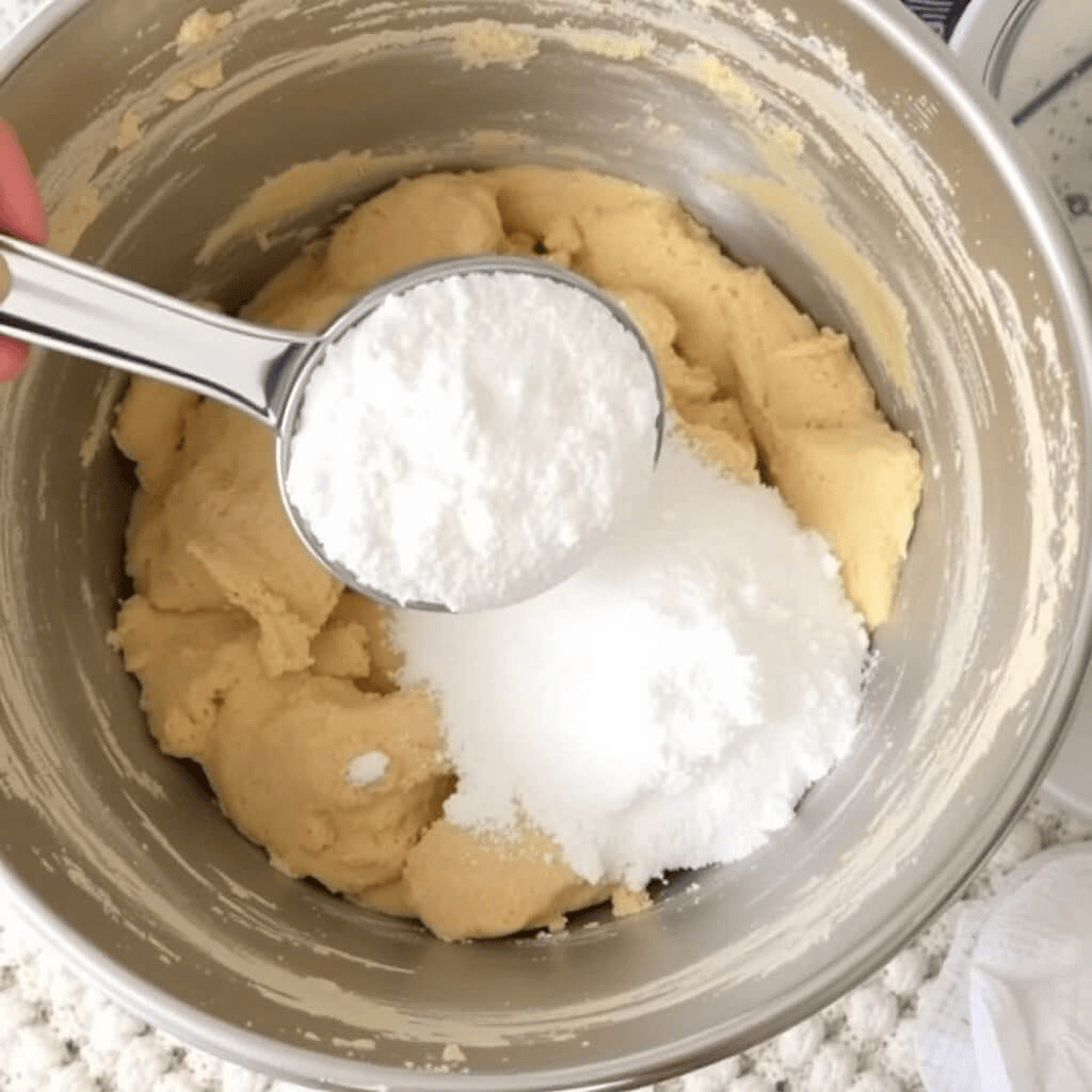 Flour being sifted into a bowl of creamed butter, ready to be mixed into dough.
