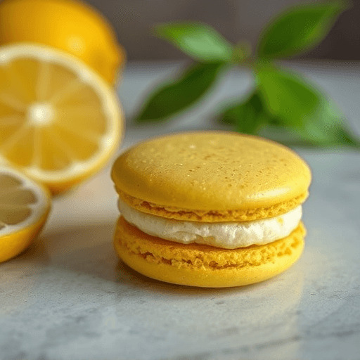 Lemon macarons with a glossy yellow filling, elegantly arranged on a white plate.