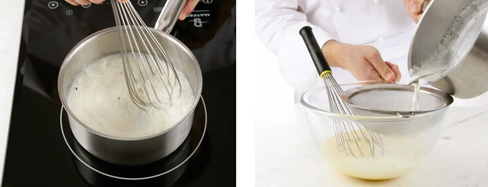 Lait infusé dans une casserole avec des épices ou des herbes, créant une texture crémeuse et aromatique.