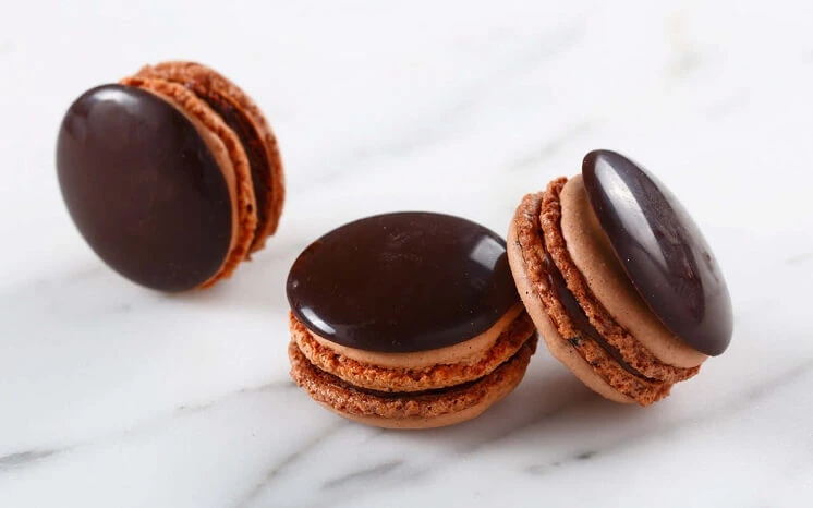 Macarons au chocolat noir élégamment dressés, garnis de ganache onctueuse et surmontés de palets en chocolat brillant.