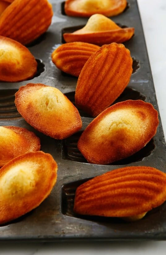 Assortiment de madeleines dorées, moelleuses et légÚrement bombées, disposées sur une assiette en porcelaine blanche.