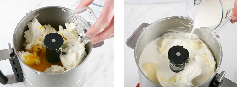Preparing the smooth, creamy cheesecake filling before pouring into the crust.