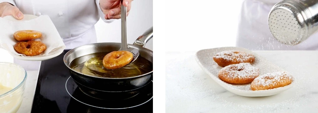 Beignets saupoudrĂ©s de sucre glace prĂȘts Ă ĂȘtre servis