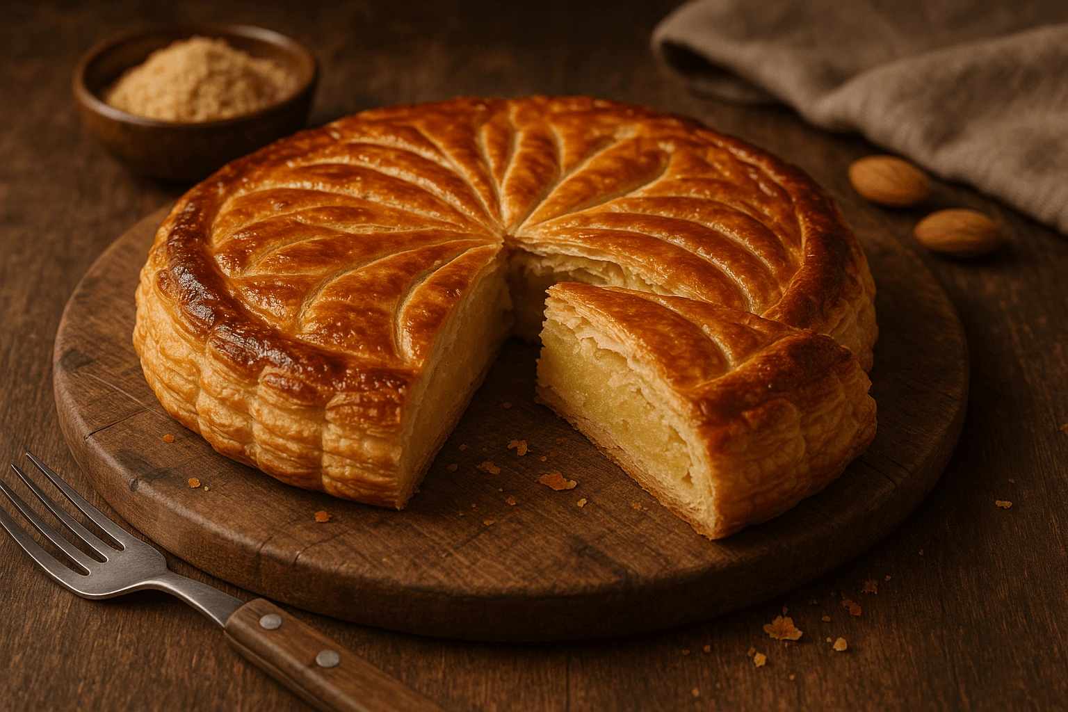 Golden and flaky Galette des Rois with frangipane filling, perfect for recreating at home with the chef’s secret