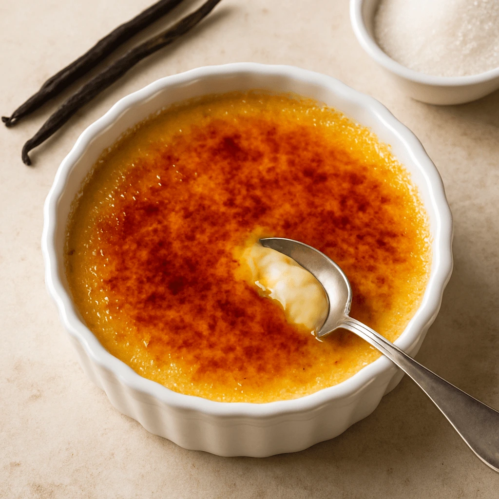 Close-up of a classic crème brûlée in a white ramekin, topped with caramelized sugar and cracked open to reveal creamy vanilla custard.