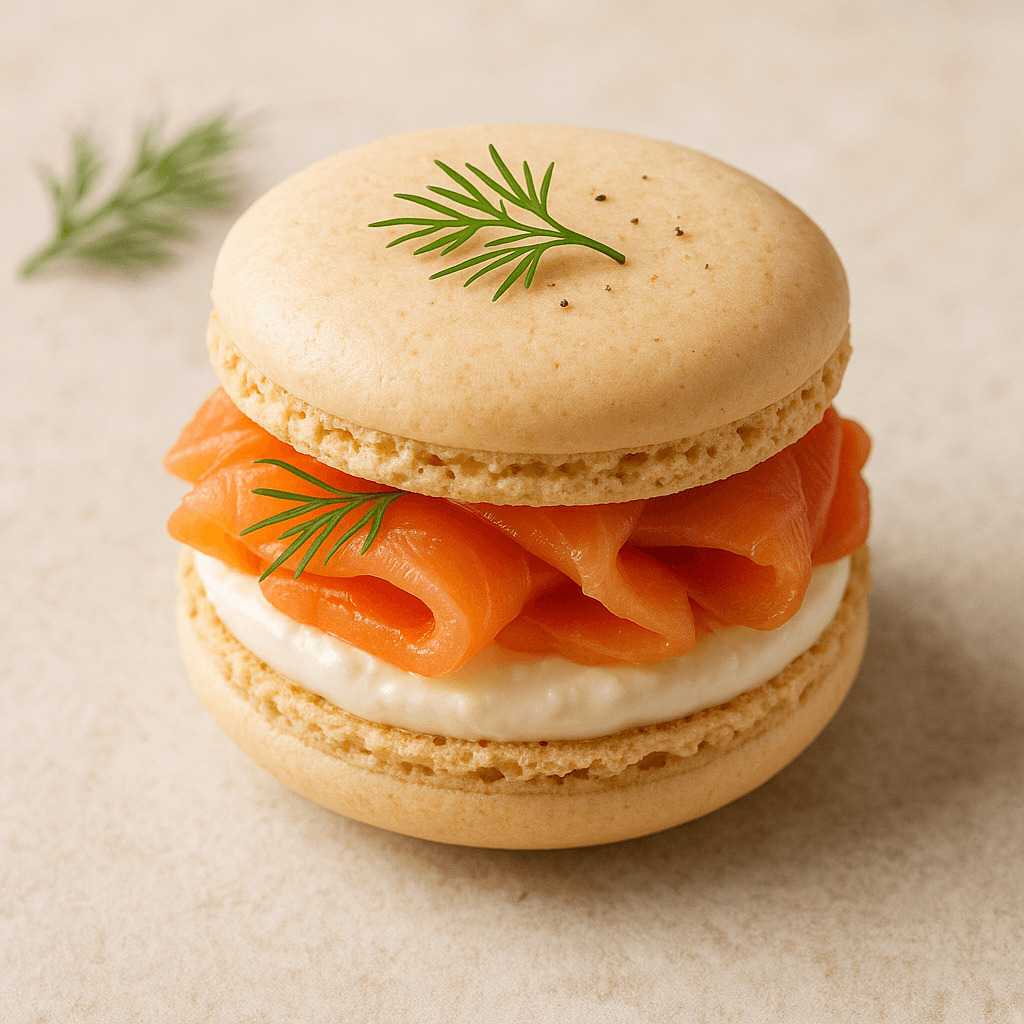 Elegant salmon macaron with a delicate filling, showcasing a refined appetizer twist