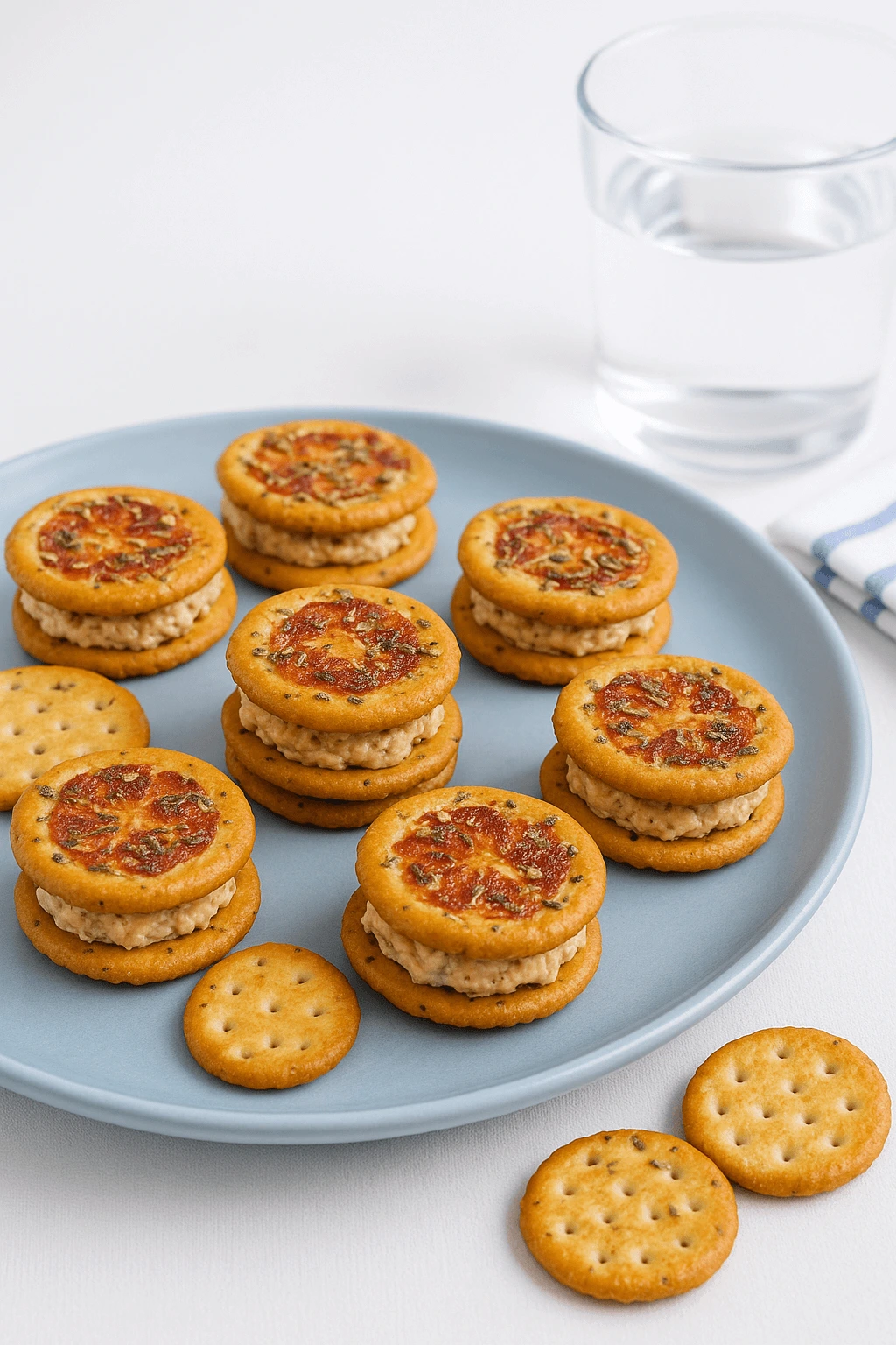 Close-up of mini cracker sandwiches filled with ricotta and sun-dried tomato spread, styled on a serving plate.