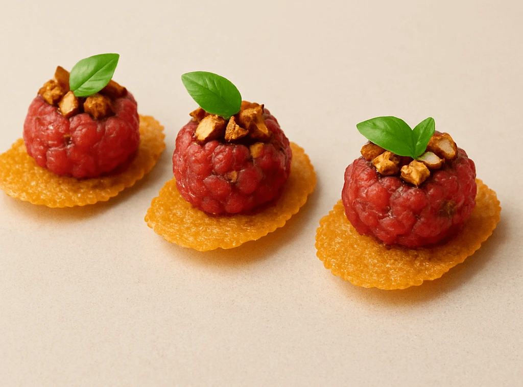 Tartare de bœuf frais accompagné d’amandes croquantes, servi sur des tuiles légères et dorées.