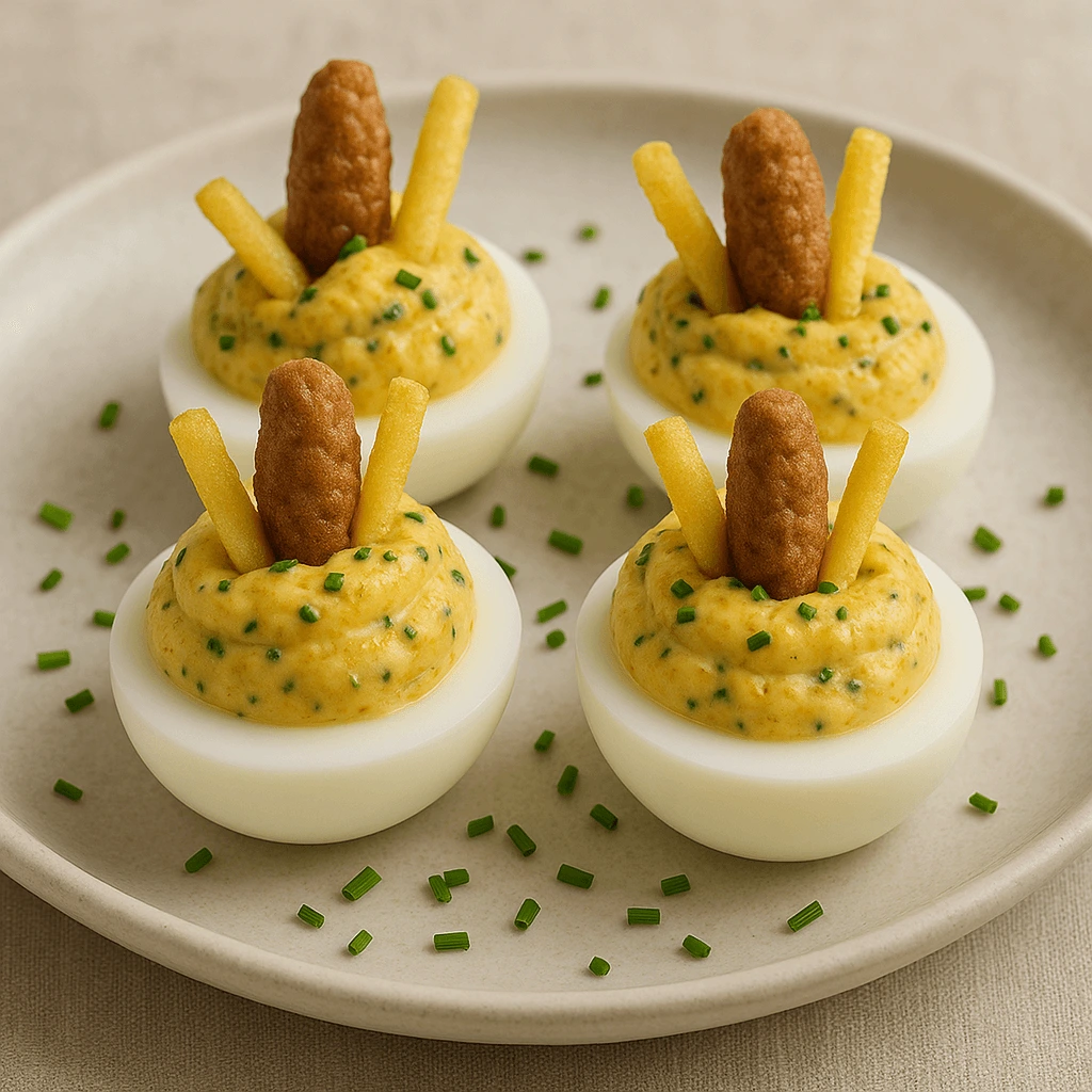 Delicious Bacon Soufflé-Stuffed Eggs served as an elegant appetizer with a fluffy texture and crispy bacon.