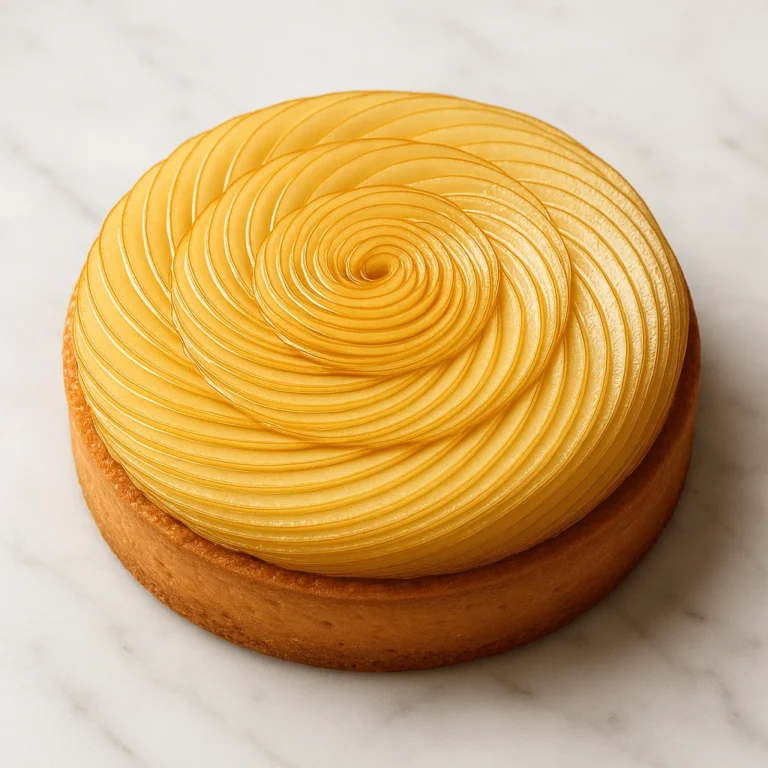Close-up of Cédric Grolet’s apple tart, topped with a delicate rosette of thinly sliced apples glazed in browned butter