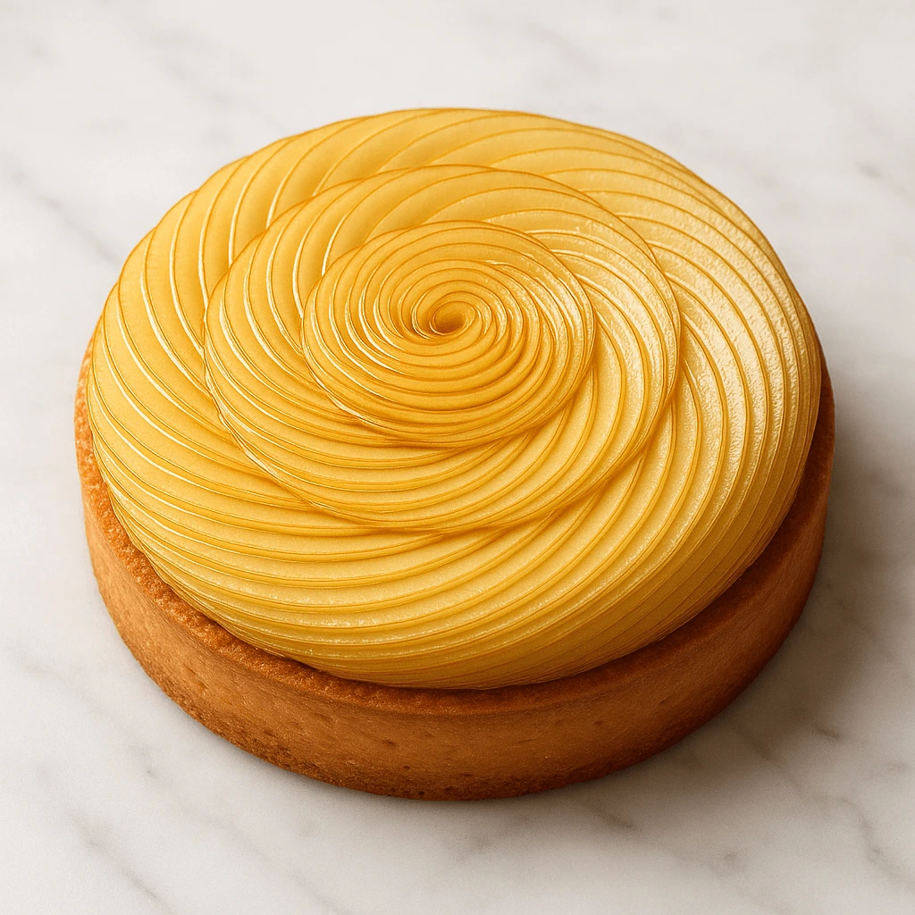 Close-up of Cédric Grolet’s apple tart, topped with a delicate rosette of thinly sliced apples glazed in browned butter