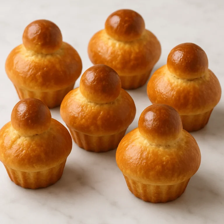 A tray of freshly baked Petites Brioches à Tête, with golden, glossy tops and perfectly formed heads.
