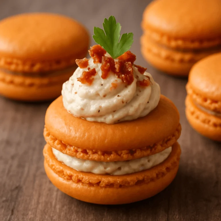 “Close-up of savory orange macarons with creamy filling, flavored with citrus and spices