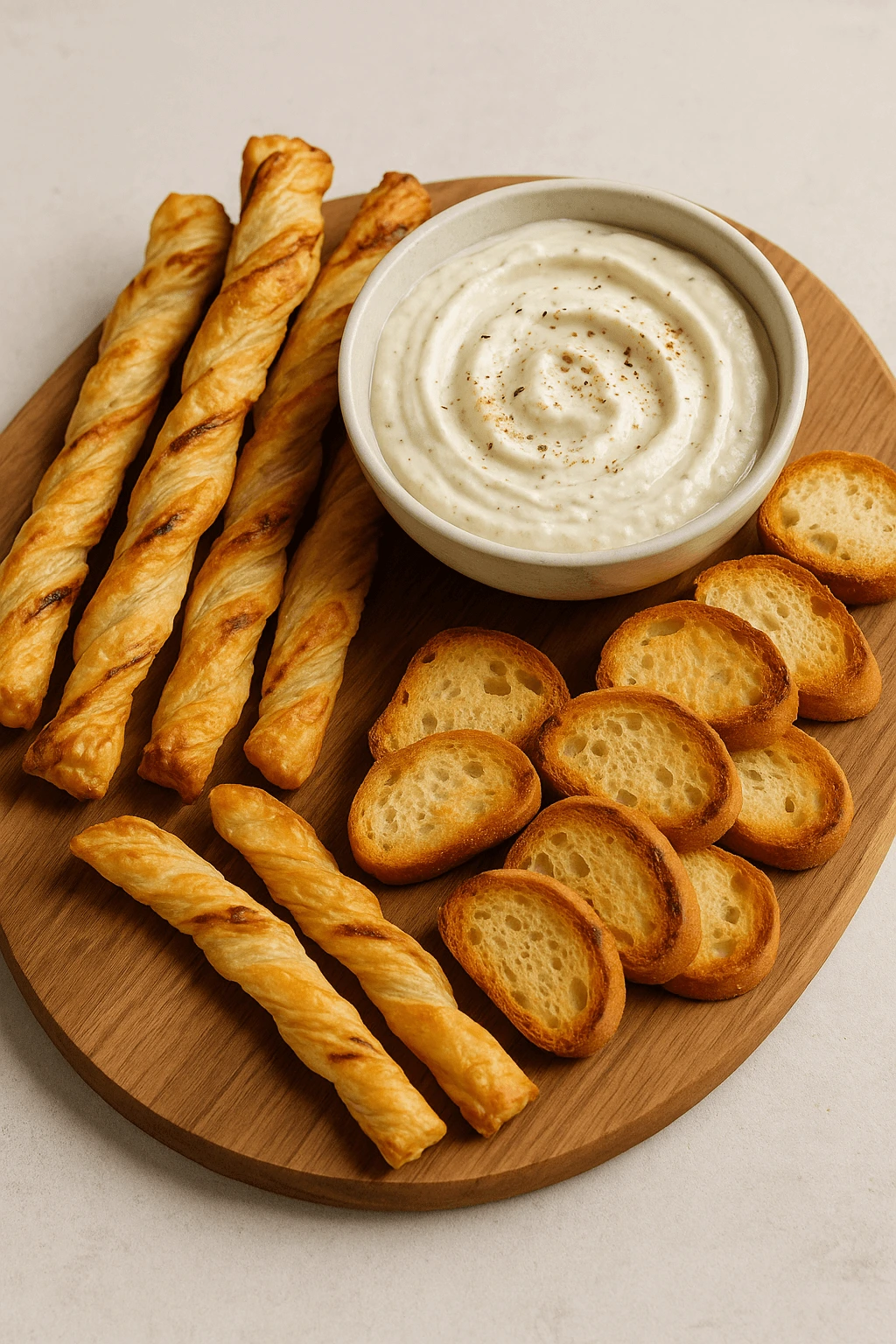 Golden puff pastry twists, grilled bread toasts, and a creamy dip on a serving board.