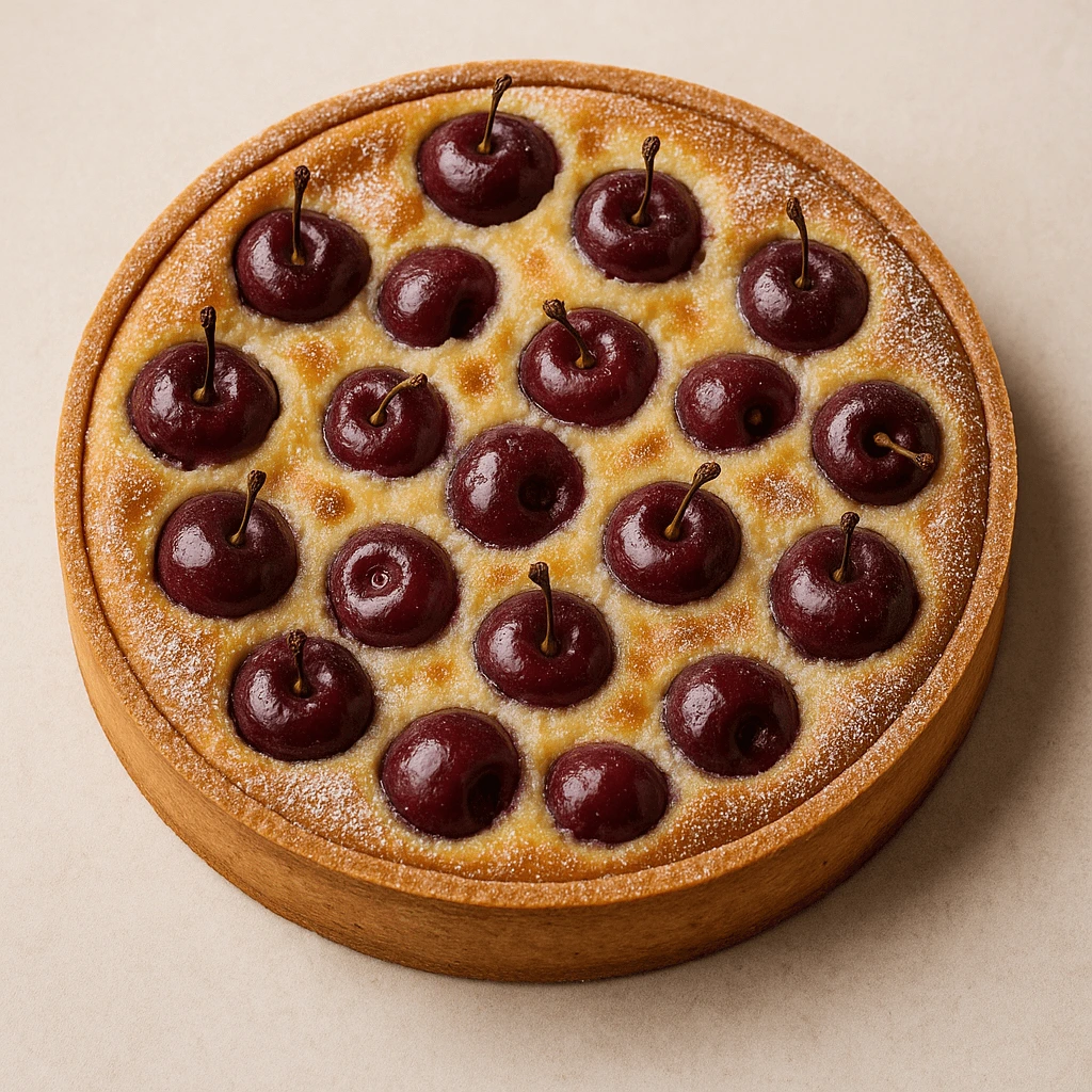 Photo of a golden tart with a crisp crust, topped with glossy fresh fruit (or lemon cream, or caramelized apples depending on the tart).