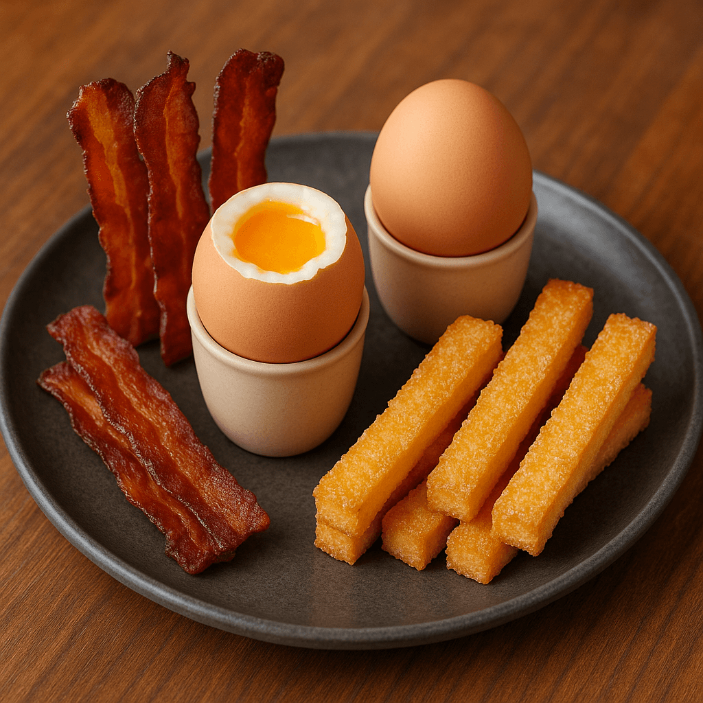 Close-up of a soft-boiled egg cracked open with golden yolk, crispy bacon tuile, and airy soufflé sticks arranged on a white plate.