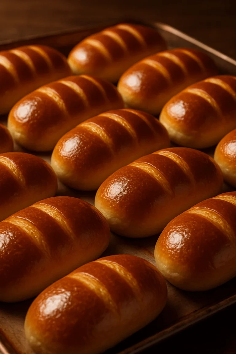 Pain au lait maison, doré et moelleux, posé sur une nappe avec un léger saupoudrage de farine