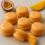 Mango-passion fruit macarons with vibrant orange and green hues, showcasing a delicate shell and creamy ganache filling