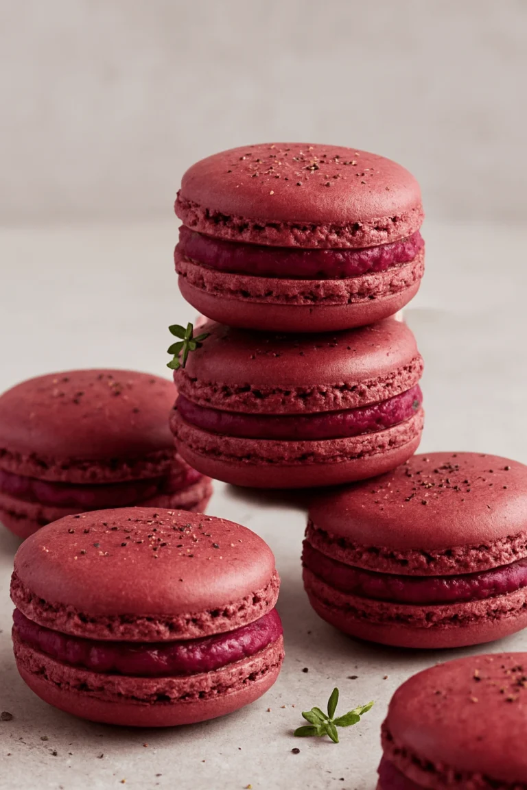 Close-up view of gourmet savory beetroot macarons with a vibrant pink hue and creamy filling, elegantly plated for an appetizer.